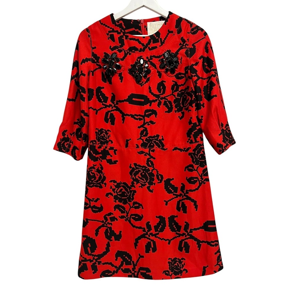 Karta Dress Womens Small Red Black Floral Rhinestone Shift 3/4‎ Sleeve Party